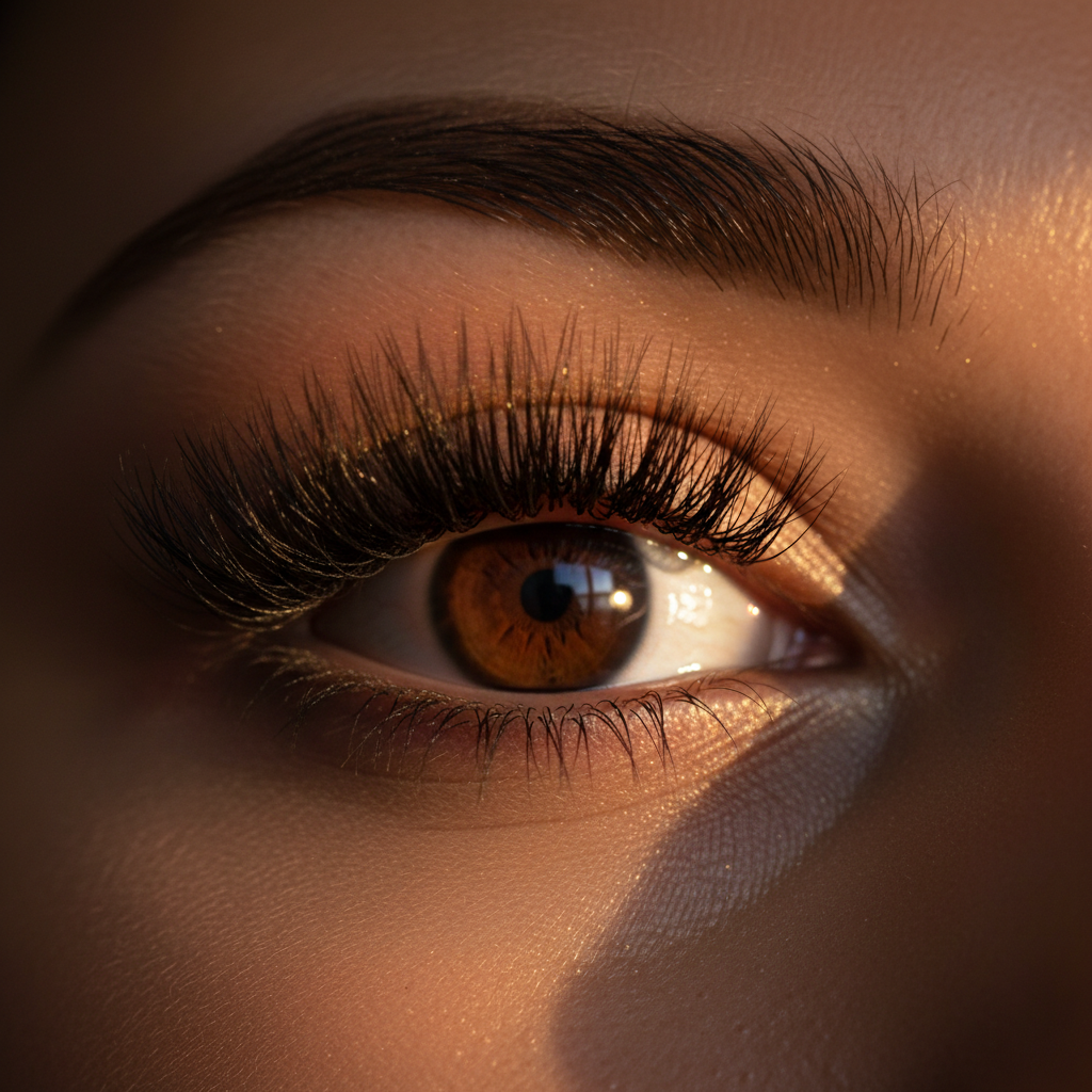 Hybrid set lash extensions — mix of classic and volume fans with dimensional texture